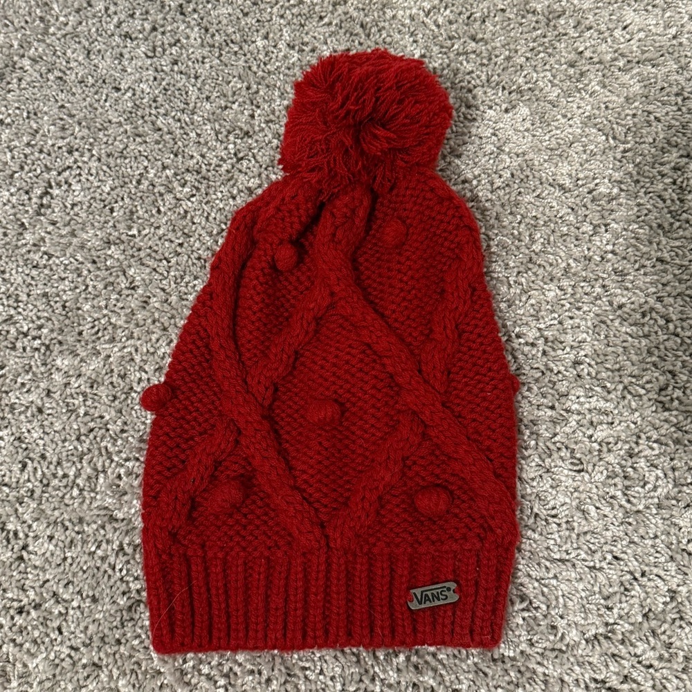 Vans Cherry Red Knit Beanie with Pom-Pom